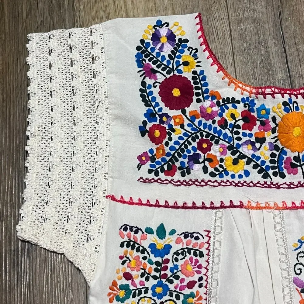Vtg Artesanias FR Mexican Huipil Hand Embroidered Folk Art Tunic L Boho Festival - Picture 2 of 9